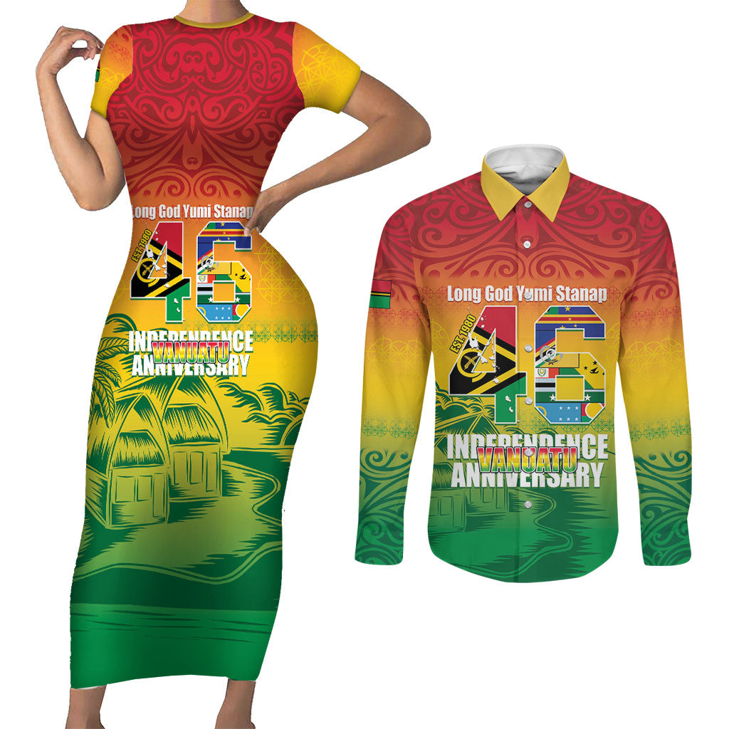 Vanuatu Indipendens Dei Couples Matching Short Sleeve Bodycon Dress and Long Sleeve Button Shirt Yumi 46th Independence Anniversary