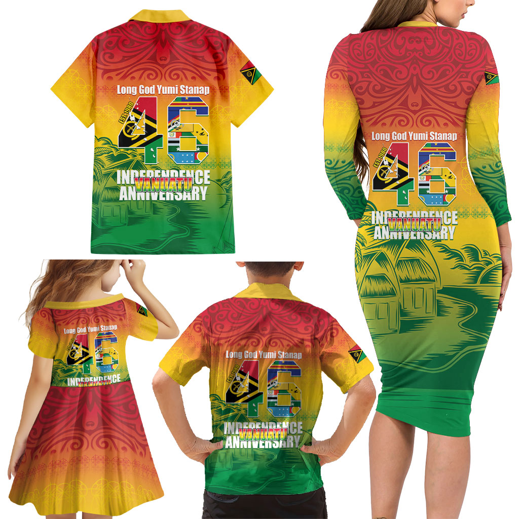 Vanuatu Indipendens Dei Family Matching Long Sleeve Bodycon Dress and Hawaiian Shirt Yumi 46th Independence Anniversary