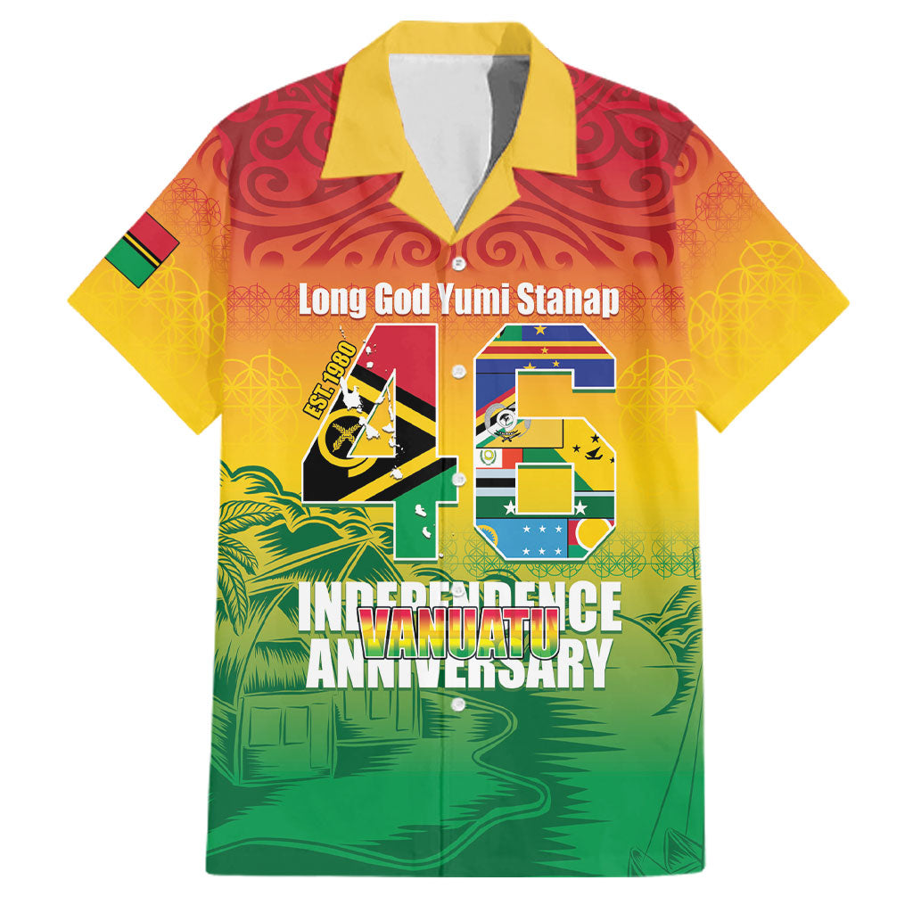 Vanuatu Indipendens Dei Family Matching Off Shoulder Short Dress and Hawaiian Shirt Yumi 46th Independence Anniversary LT14 Dad's Shirt - Short Sleeve Reggae - Polynesian Pride