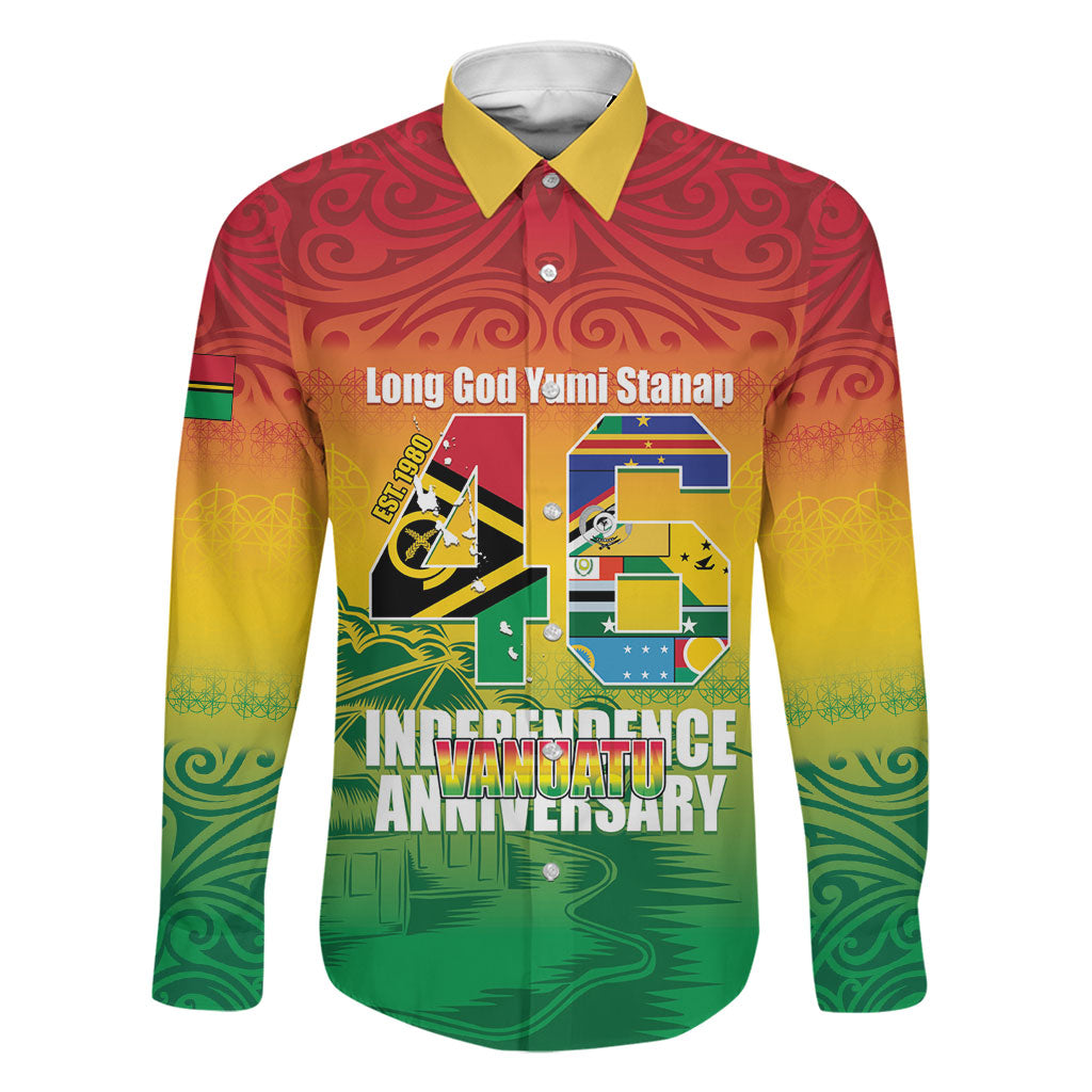Vanuatu Indipendens Dei Family Matching Off Shoulder Short Dress and Hawaiian Shirt Yumi 46th Independence Anniversary LT14 Dad's Shirt - Long Sleeve Reggae - Polynesian Pride