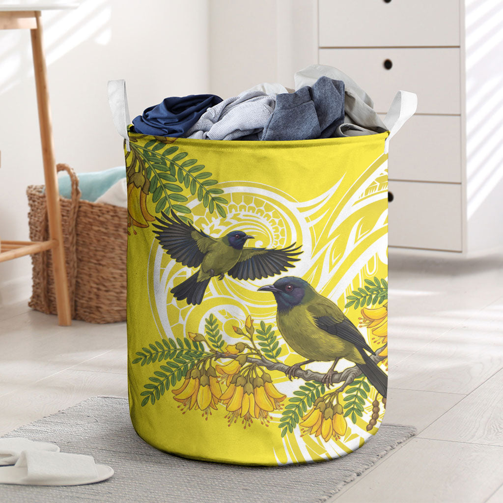 Bellbird New Zealand Laundry Basket Korimako Kowhai Maori Pattern