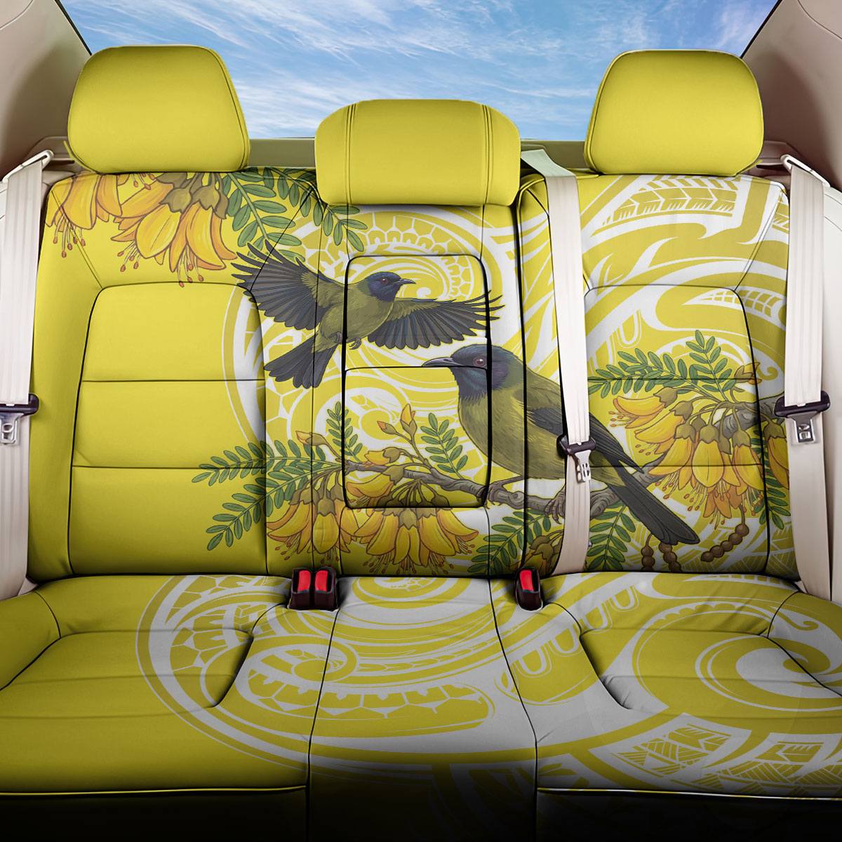 Bellbird New Zealand Back Car Seat Cover Korimako Kowhai Maori Pattern LT14 One Size Yellow - Polynesian Pride