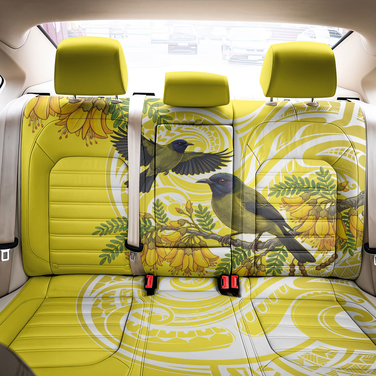 Bellbird New Zealand Back Car Seat Cover Korimako Kowhai Maori Pattern LT14 - Polynesian Pride