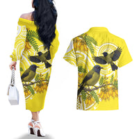 Bellbird New Zealand Couples Matching Off The Shoulder Long Sleeve Dress and Hawaiian Shirt Korimako Kowhai Maori Pattern LT14 - Polynesian Pride