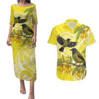 Bellbird New Zealand Couples Matching Puletasi and Hawaiian Shirt Korimako Kowhai Maori Pattern