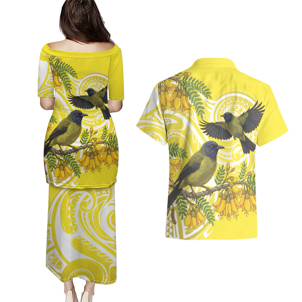 Bellbird New Zealand Couples Matching Puletasi and Hawaiian Shirt Korimako Kowhai Maori Pattern