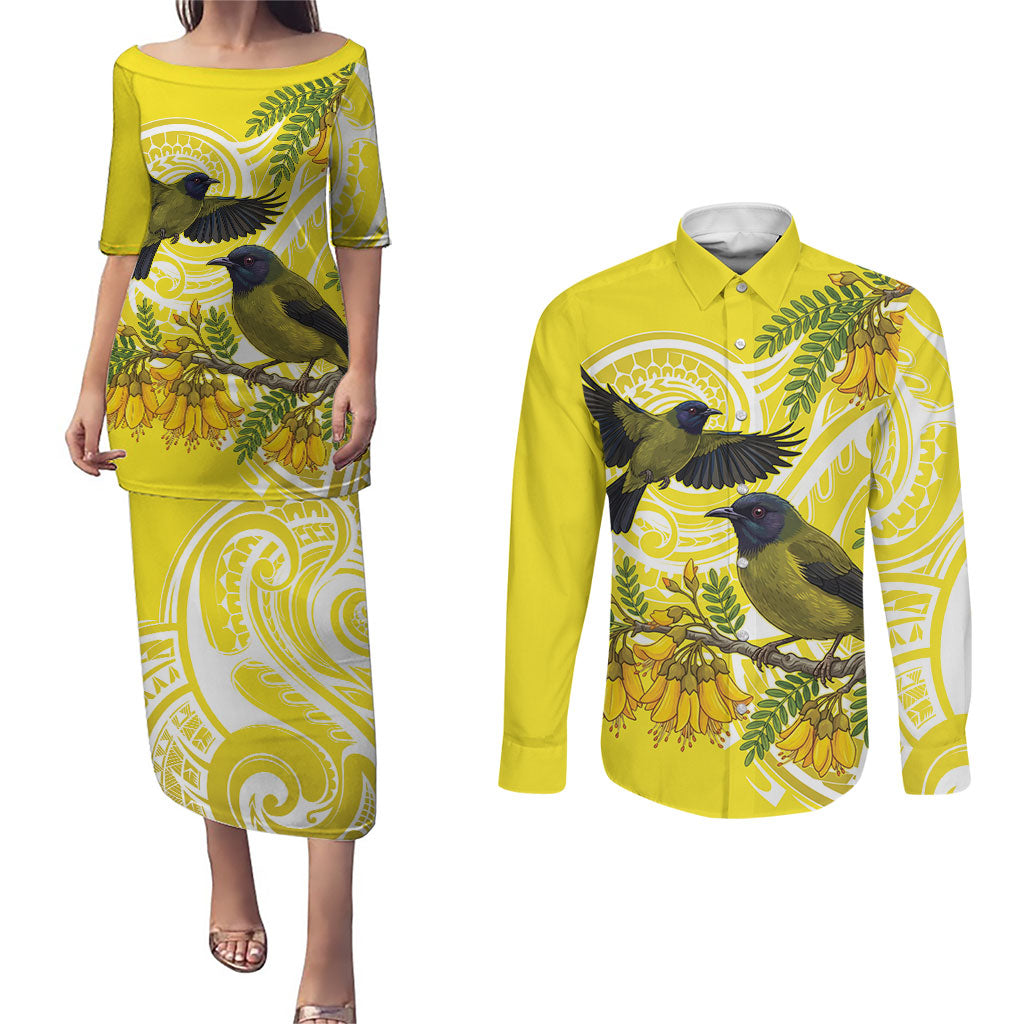 Bellbird New Zealand Couples Matching Puletasi and Long Sleeve Button Shirt Korimako Kowhai Maori Pattern