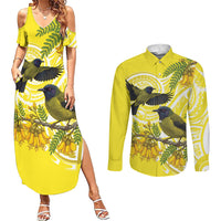 Bellbird New Zealand Couples Matching Summer Maxi Dress and Long Sleeve Button Shirt Korimako Kowhai Maori Pattern