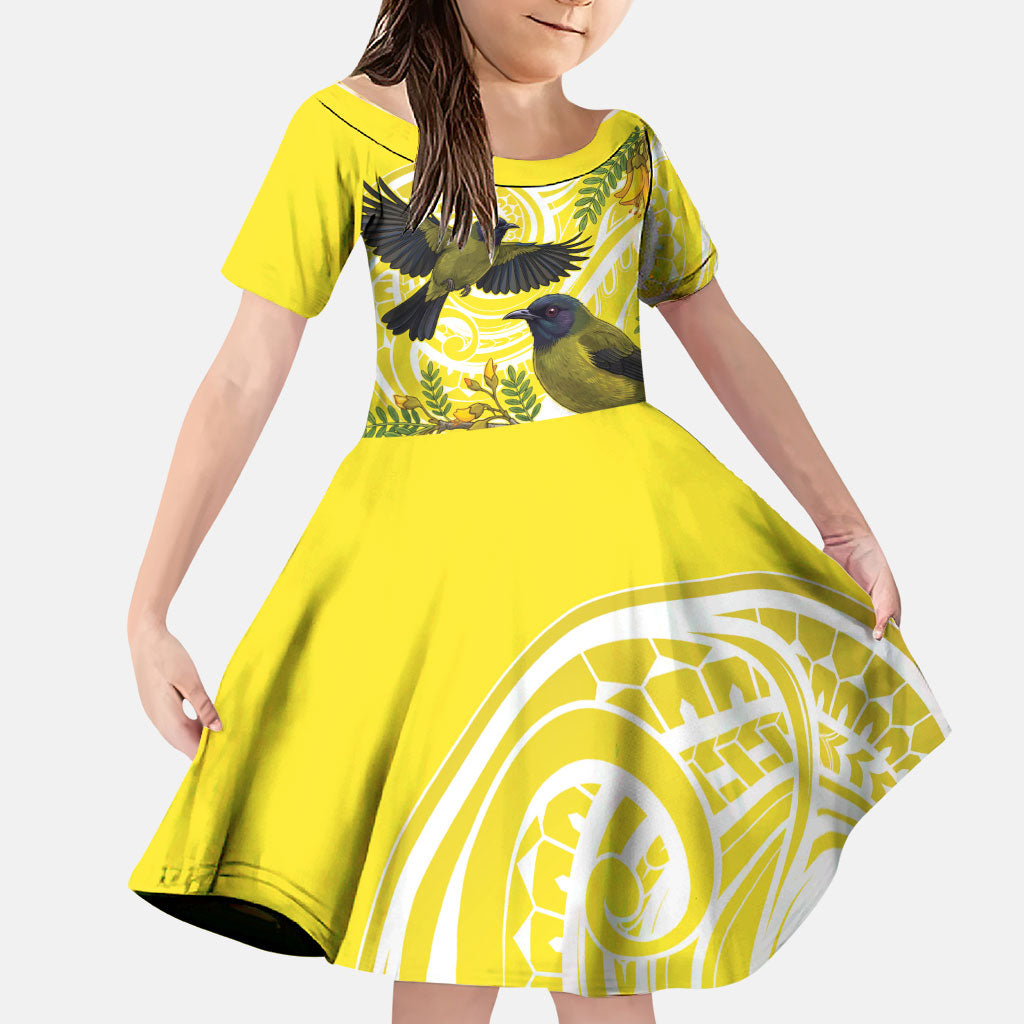 Bellbird New Zealand Family Matching Mermaid Dress and Hawaiian Shirt Korimako Kowhai Maori Pattern LT14 Daughter's Dress Yellow - Polynesian Pride