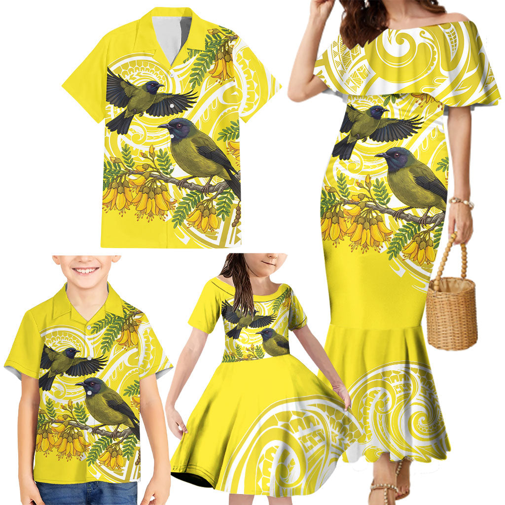 Bellbird New Zealand Family Matching Mermaid Dress and Hawaiian Shirt Korimako Kowhai Maori Pattern LT14 - Polynesian Pride