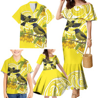 Bellbird New Zealand Family Matching Mermaid Dress and Hawaiian Shirt Korimako Kowhai Maori Pattern LT14 - Polynesian Pride