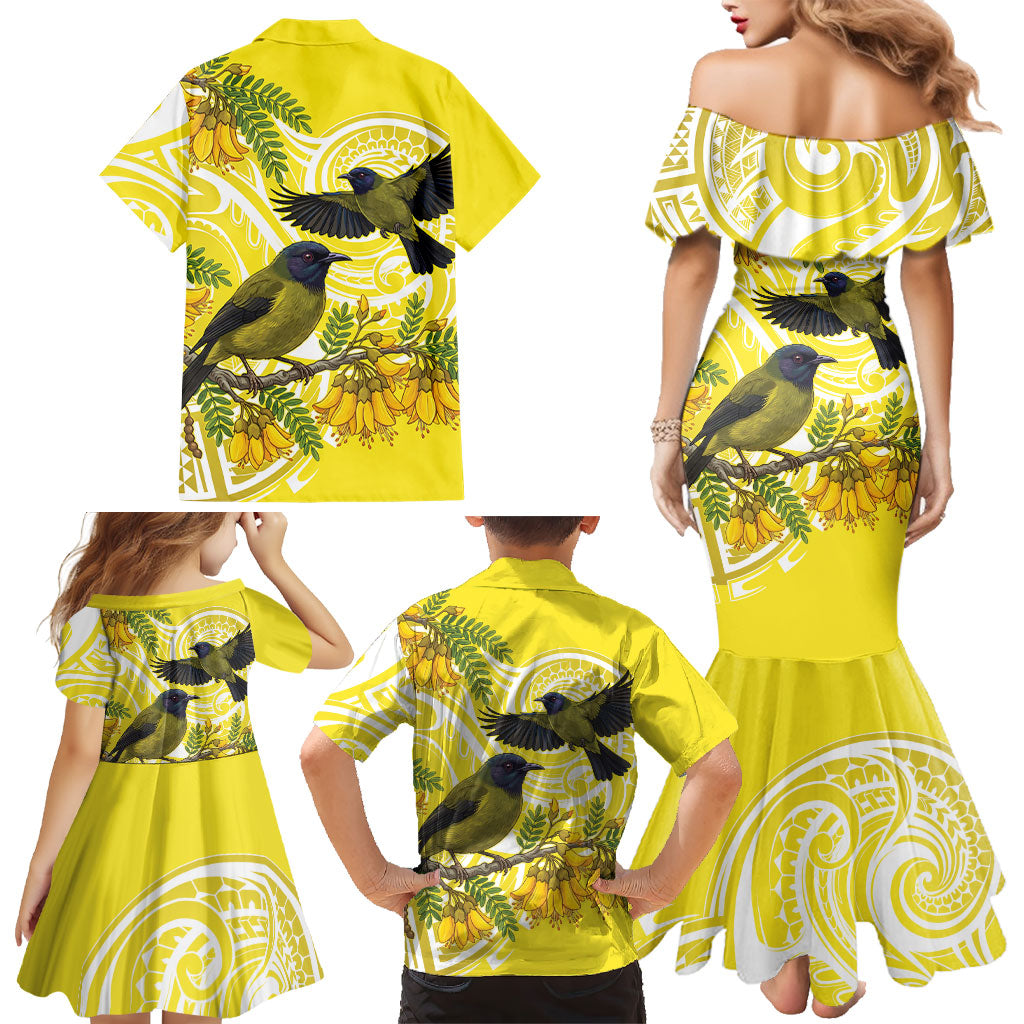 Bellbird New Zealand Family Matching Mermaid Dress and Hawaiian Shirt Korimako Kowhai Maori Pattern LT14 - Polynesian Pride