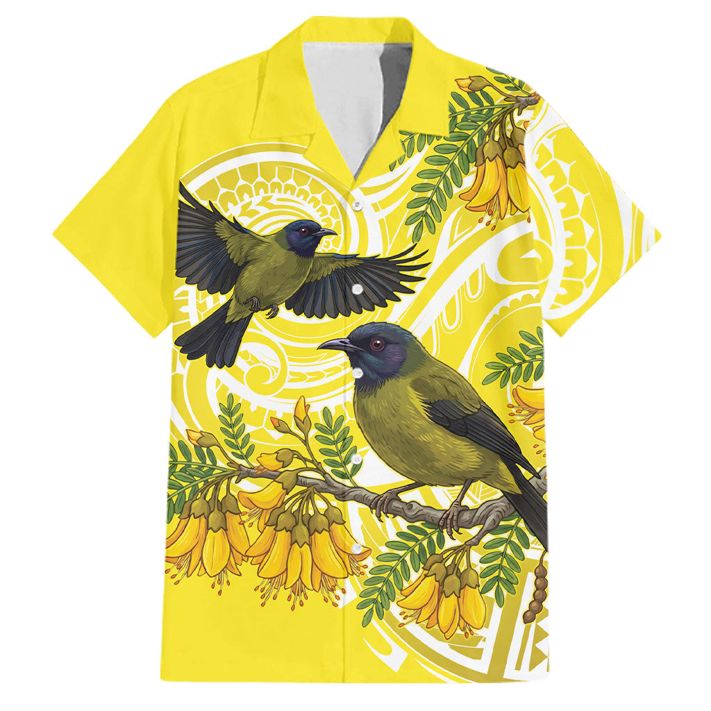 Bellbird New Zealand Family Matching Mermaid Dress and Hawaiian Shirt Korimako Kowhai Maori Pattern LT14 Dad's Shirt - Short Sleeve Yellow - Polynesian Pride