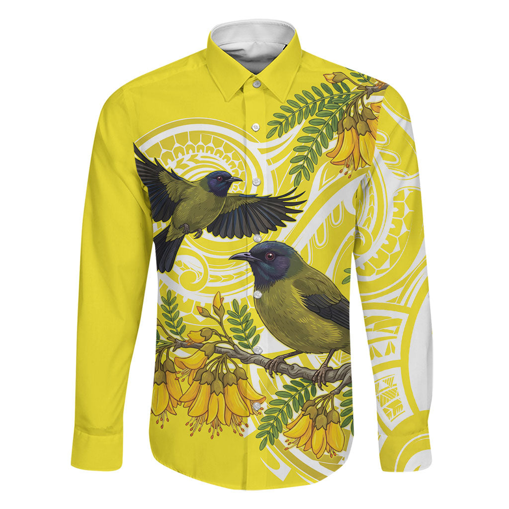 Bellbird New Zealand Family Matching Mermaid Dress and Hawaiian Shirt Korimako Kowhai Maori Pattern LT14 Dad's Shirt - Long Sleeve Yellow - Polynesian Pride