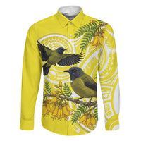 Bellbird New Zealand Family Matching Mermaid Dress and Hawaiian Shirt Korimako Kowhai Maori Pattern LT14 Dad's Shirt - Long Sleeve Yellow - Polynesian Pride