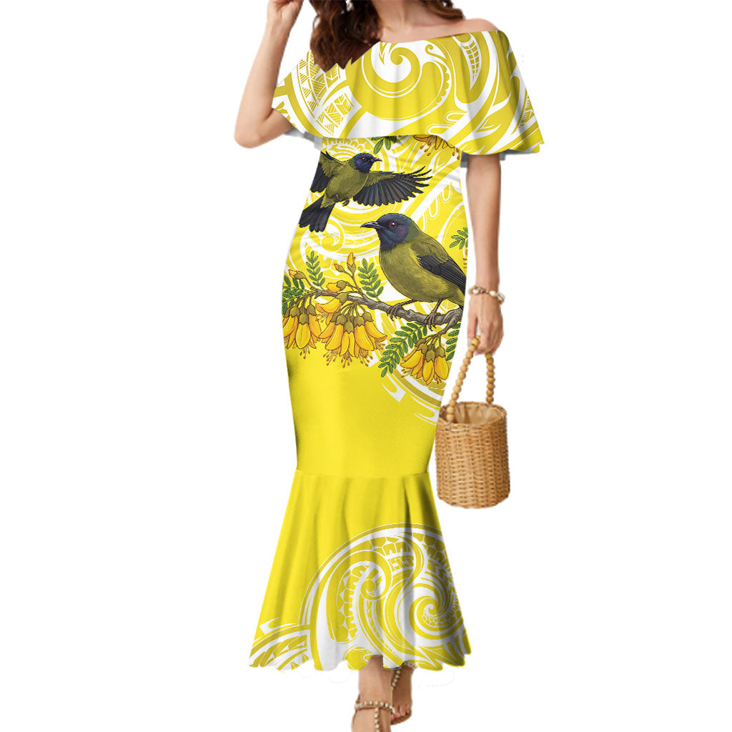 Bellbird New Zealand Family Matching Mermaid Dress and Hawaiian Shirt Korimako Kowhai Maori Pattern LT14 Mom's Dress Yellow - Polynesian Pride
