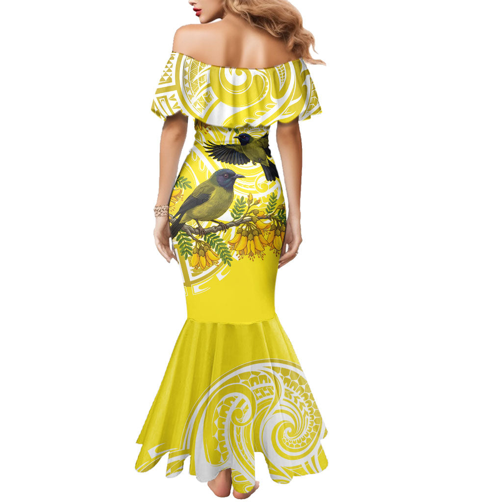 Bellbird New Zealand Family Matching Mermaid Dress and Hawaiian Shirt Korimako Kowhai Maori Pattern LT14 - Polynesian Pride