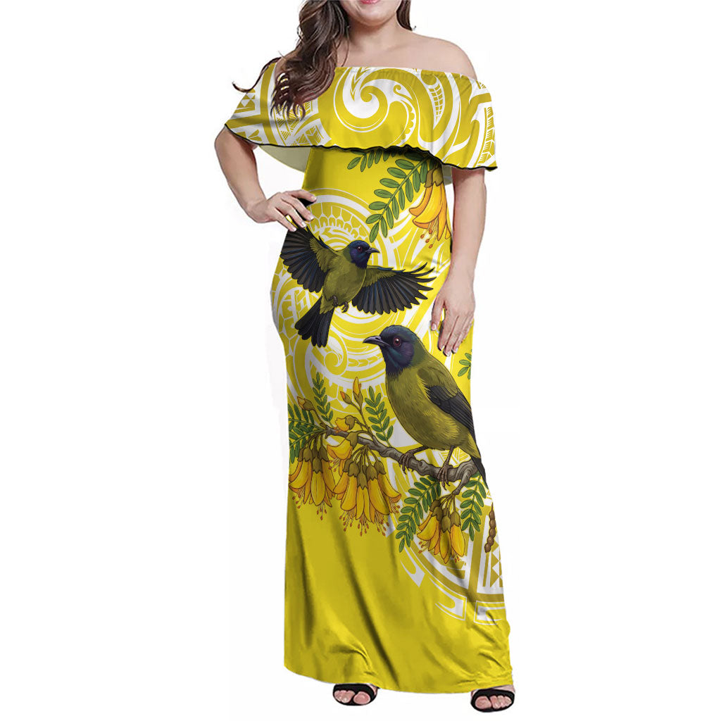 Bellbird New Zealand Family Matching Off Shoulder Maxi Dress and Hawaiian Shirt Korimako Kowhai Maori Pattern