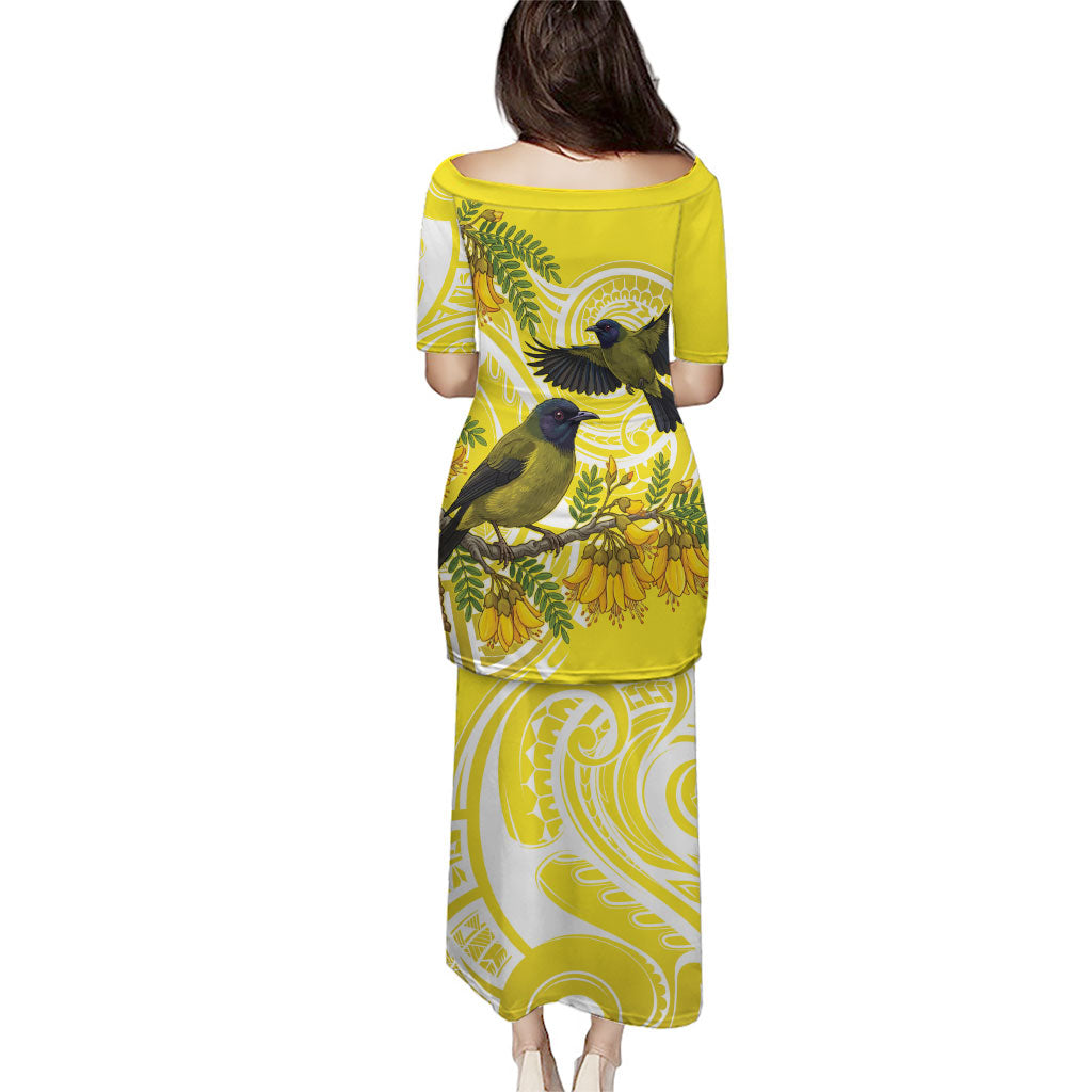 Bellbird New Zealand Family Matching Puletasi and Hawaiian Shirt Korimako Kowhai Maori Pattern