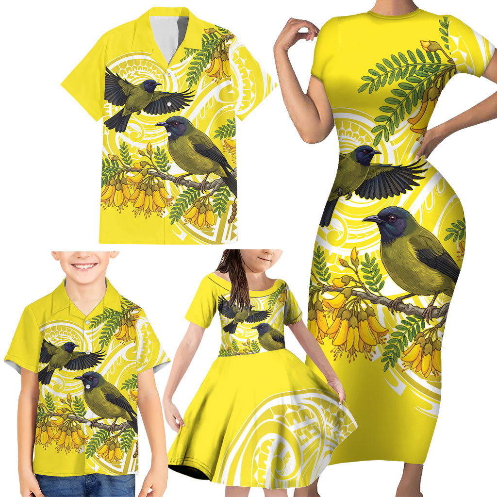 Bellbird New Zealand Family Matching Short Sleeve Bodycon Dress and Hawaiian Shirt Korimako Kowhai Maori Pattern