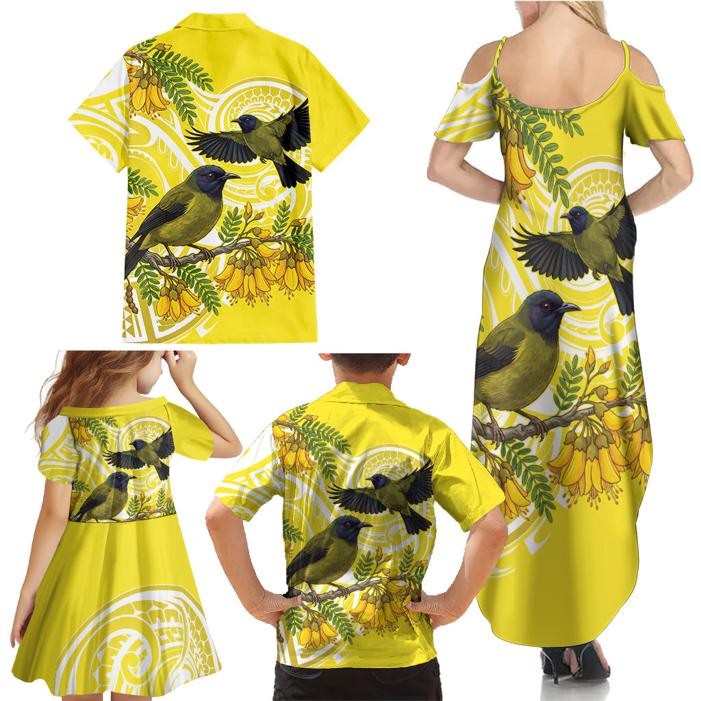 Bellbird New Zealand Family Matching Summer Maxi Dress and Hawaiian Shirt Korimako Kowhai Maori Pattern