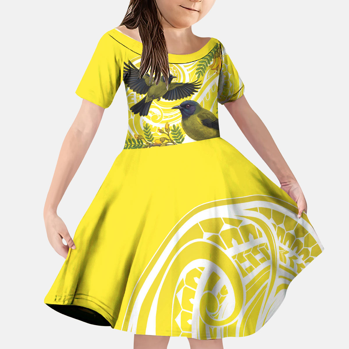 Bellbird New Zealand Kid Short Sleeve Dress Korimako Kowhai Maori Pattern LT14 KID Yellow - Polynesian Pride