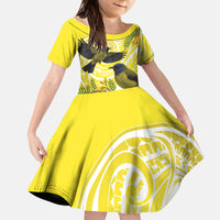 Bellbird New Zealand Kid Short Sleeve Dress Korimako Kowhai Maori Pattern LT14 KID Yellow - Polynesian Pride