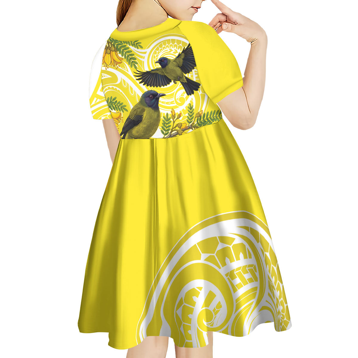 Bellbird New Zealand Kid Short Sleeve Dress Korimako Kowhai Maori Pattern LT14 - Polynesian Pride