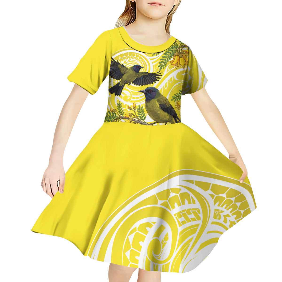 Bellbird New Zealand Kid Short Sleeve Dress Korimako Kowhai Maori Pattern LT14 - Polynesian Pride