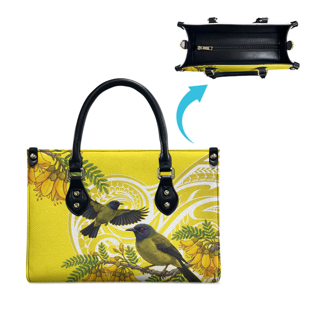 Bellbird New Zealand Leather Bag Korimako Kowhai Maori Pattern