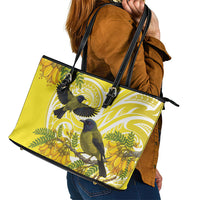 Bellbird New Zealand Leather Tote Bag Korimako Kowhai Maori Pattern