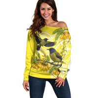 Bellbird New Zealand Off Shoulder Sweater Korimako Kowhai Maori Pattern LT14 Women Yellow - Polynesian Pride