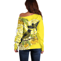 Bellbird New Zealand Off Shoulder Sweater Korimako Kowhai Maori Pattern LT14 - Polynesian Pride