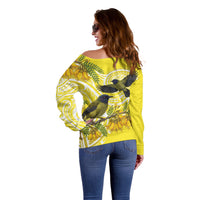 Bellbird New Zealand Off Shoulder Sweater Korimako Kowhai Maori Pattern LT14 - Polynesian Pride