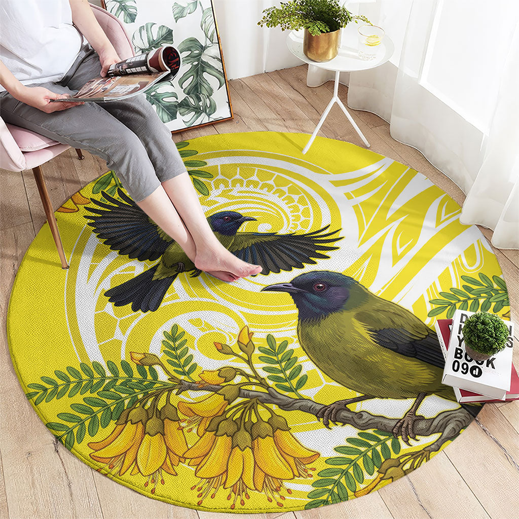 Bellbird New Zealand Round Carpet Korimako Kowhai Maori Pattern