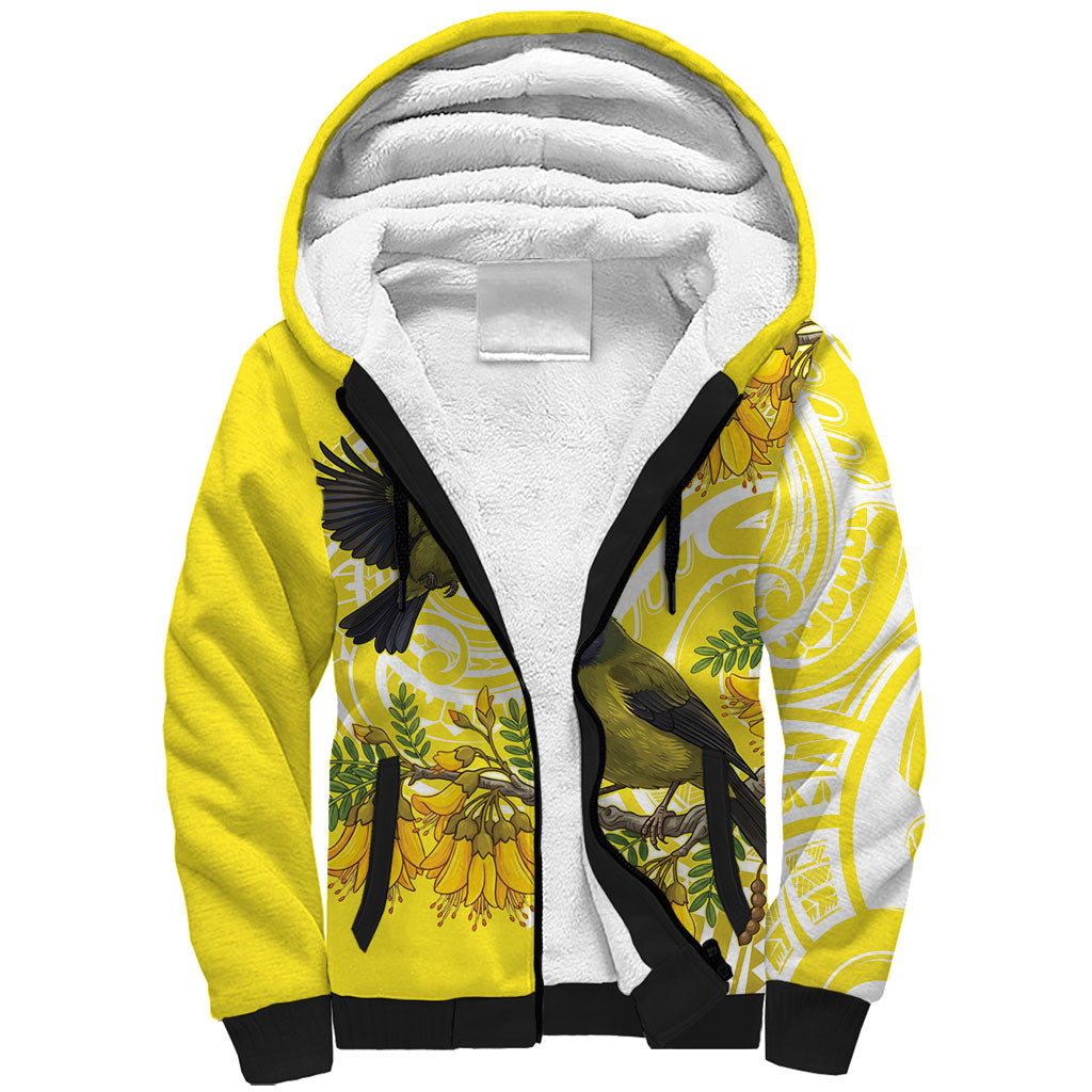 Bellbird New Zealand Sherpa Hoodie Korimako Kowhai Maori Pattern