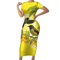 Bellbird New Zealand Short Sleeve Bodycon Dress Korimako Kowhai Maori Pattern LT14 Long Dress Yellow - Polynesian Pride
