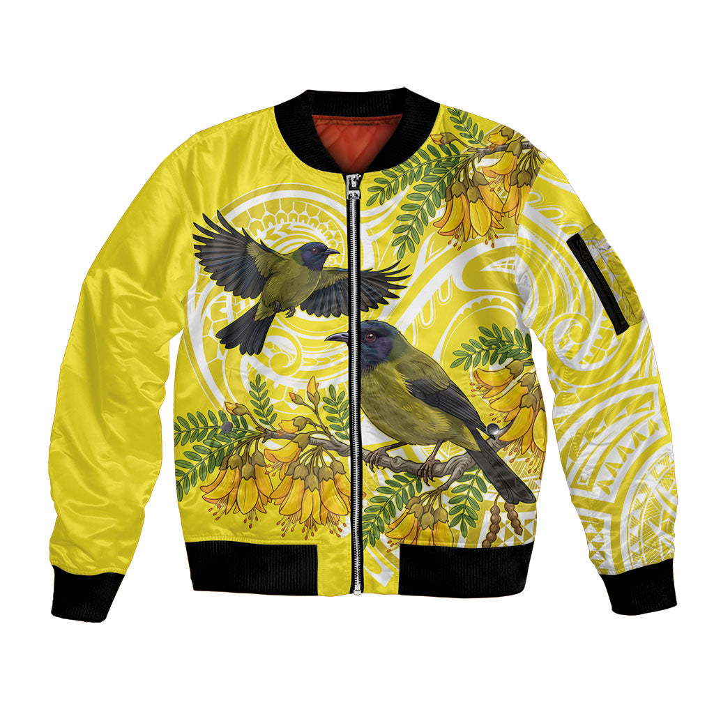 Bellbird New Zealand Sleeve Zip Bomber Jacket Korimako Kowhai Maori Pattern LT14 Unisex Yellow - Polynesian Pride