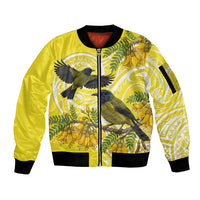 Bellbird New Zealand Sleeve Zip Bomber Jacket Korimako Kowhai Maori Pattern LT14 Unisex Yellow - Polynesian Pride