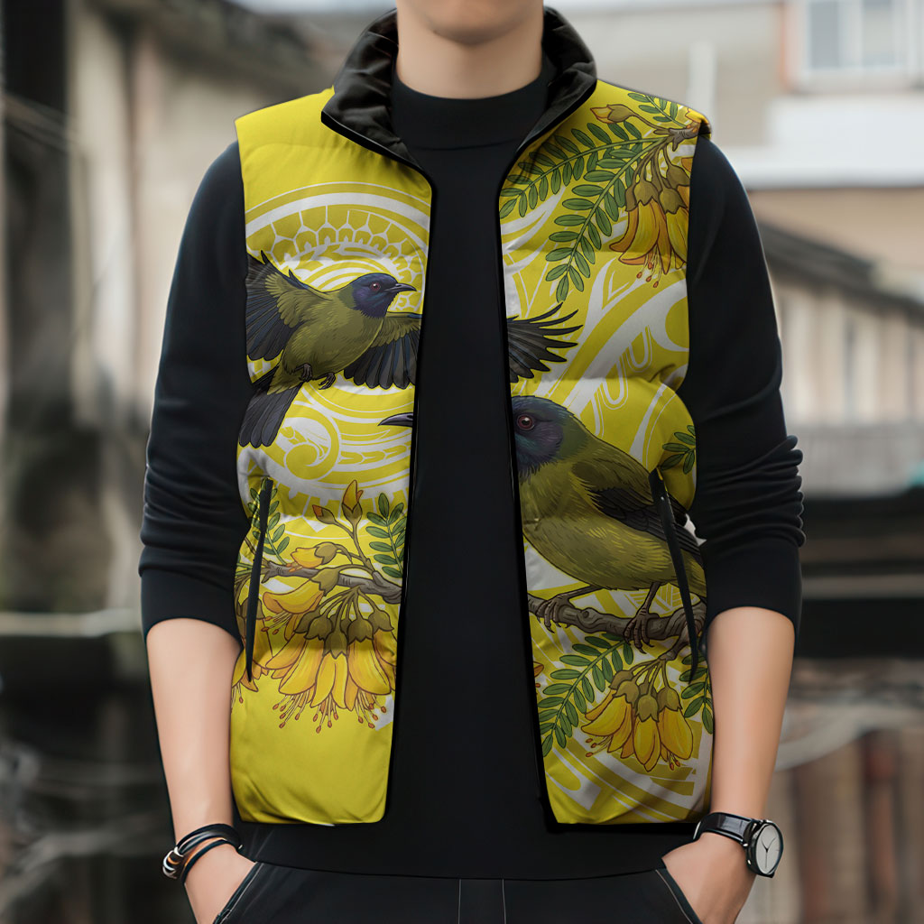 Bellbird New Zealand Sleeveless Puffer Jacket Korimako Kowhai Maori Pattern
