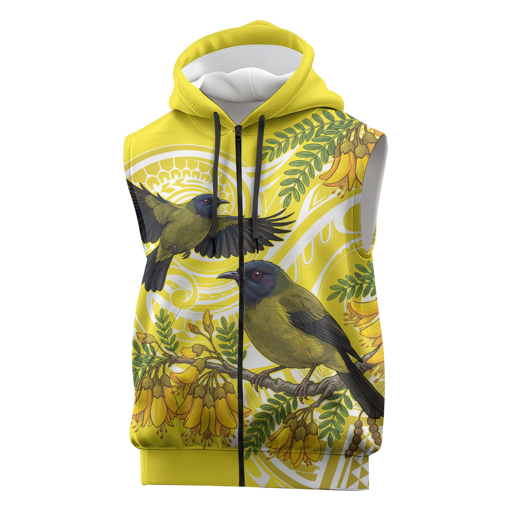 Bellbird New Zealand Sleeveless Zip Hoodie Korimako Kowhai Maori Pattern