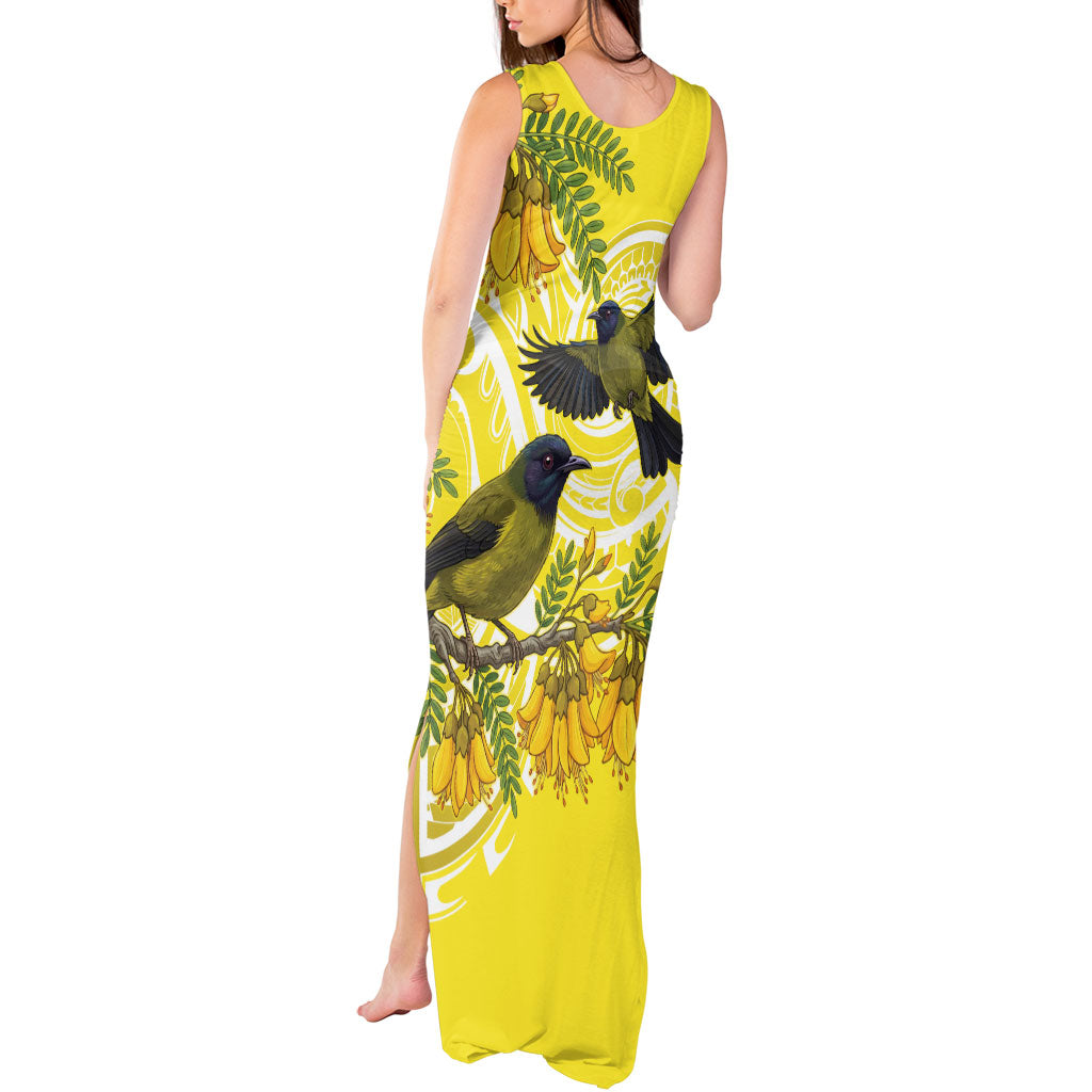 Bellbird New Zealand Tank Maxi Dress Korimako Kowhai Maori Pattern