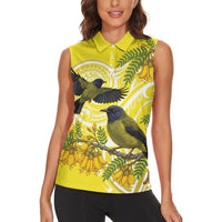 Bellbird New Zealand Women Sleeveless Polo Shirt Korimako Kowhai Maori Pattern