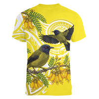 Bellbird New Zealand Women V-Neck T-Shirt Korimako Kowhai Maori Pattern