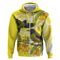 Bellbird New Zealand Zip Hoodie Korimako Kowhai Maori Pattern
