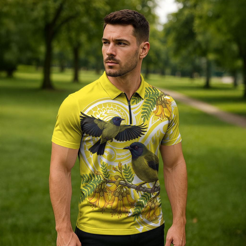 Bellbird New Zealand Zipper Polo Shirt Korimako Kowhai Maori Pattern