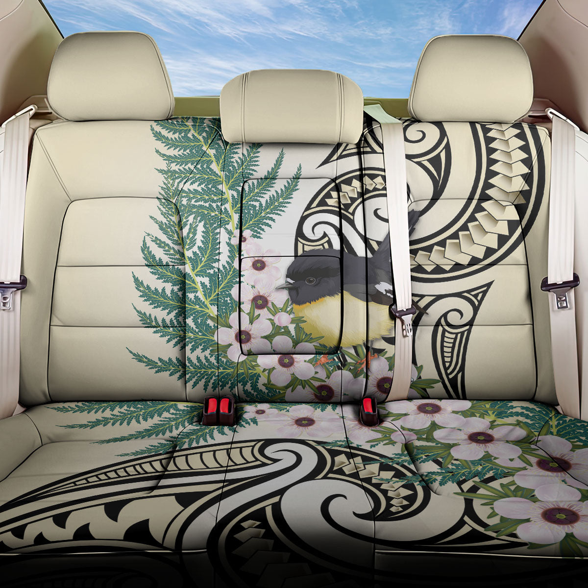 Endemic Tomtit New Zealand Back Car Seat Cover Miromiro Manuka Silver Fern Maori Pattern