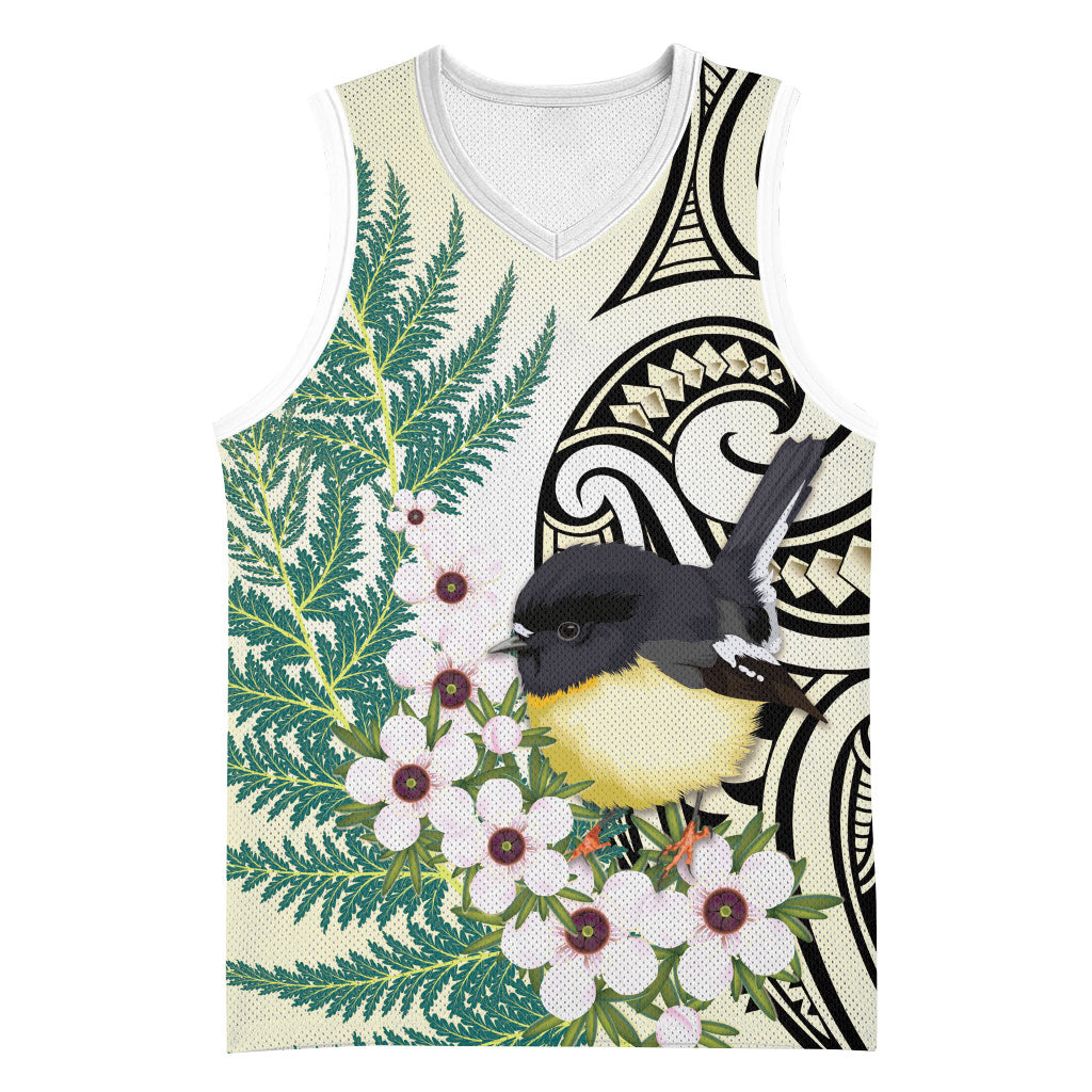 Endemic Tomtit New Zealand Basketball Jersey Miromiro Manuka Silver Fern Maori Pattern LT14 Unisex Cream - Polynesian Pride