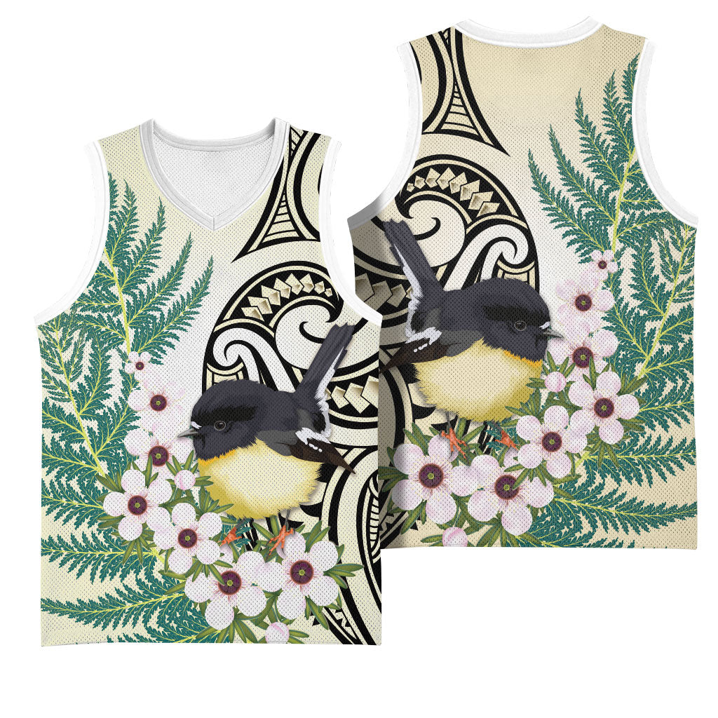 Endemic Tomtit New Zealand Basketball Jersey Miromiro Manuka Silver Fern Maori Pattern LT14 - Polynesian Pride