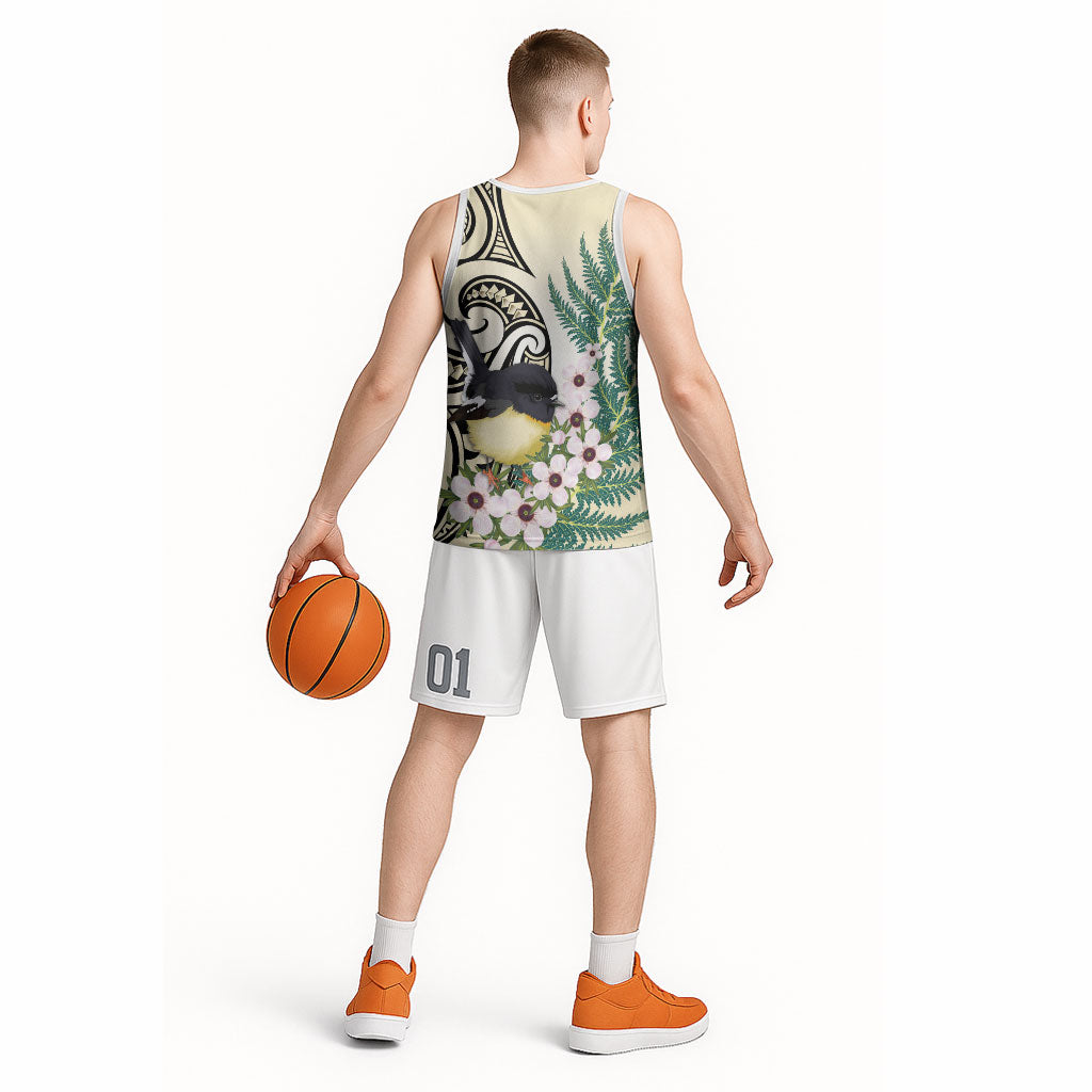 Endemic Tomtit New Zealand Basketball Jersey Miromiro Manuka Silver Fern Maori Pattern LT14 - Polynesian Pride